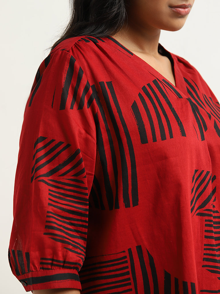 Gia Dark Red Abstract Printed Cotton Blouse