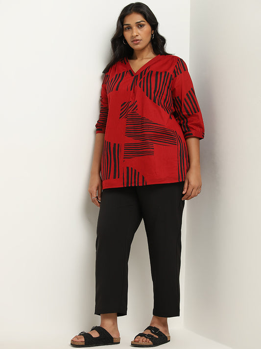 Gia Dark Red Abstract Printed Cotton Blouse