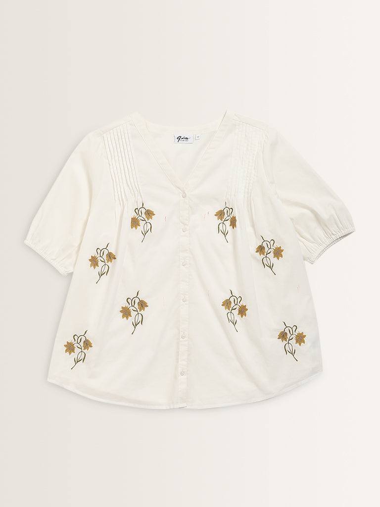 Gia White Floral Embroidered Cotton Blouse