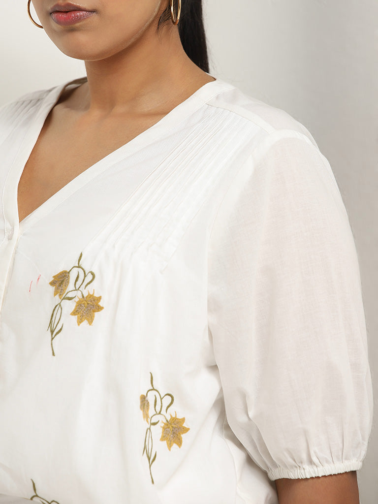 Gia White Floral Embroidered Cotton Blouse