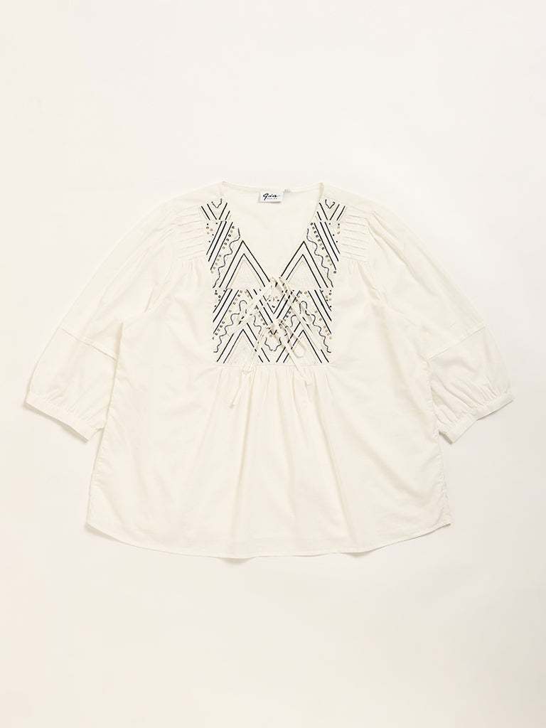 Gia White Chevron-Detailed Cotton Blouse