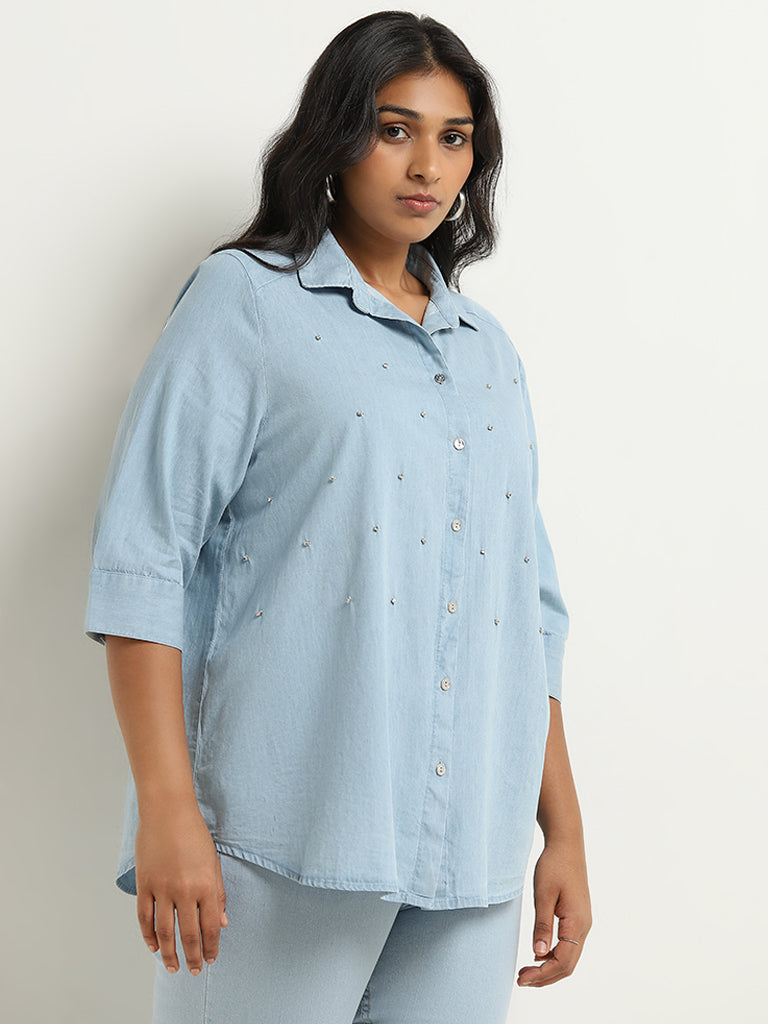 Gia Light Blue Diamante Cotton Shirt