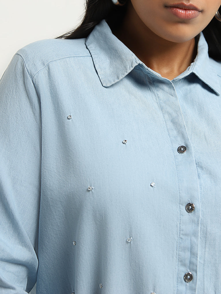 Gia Light Blue Diamante Cotton Shirt