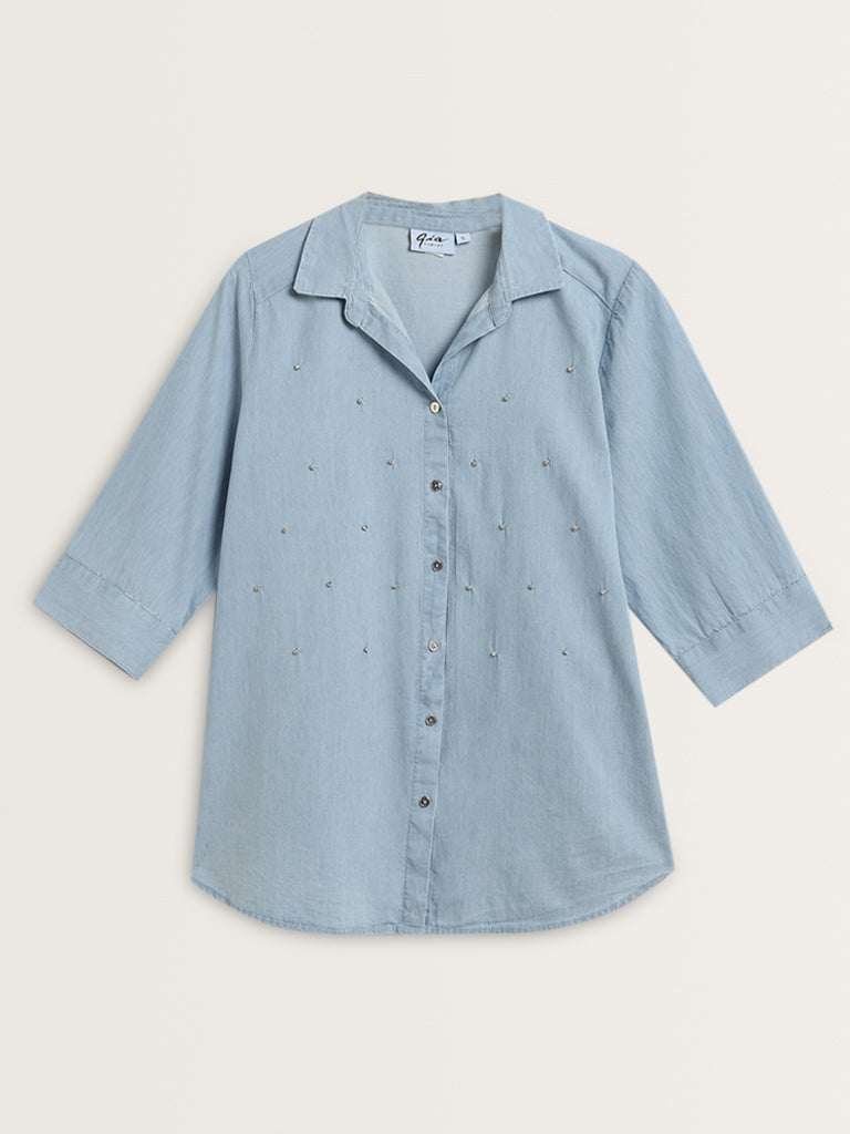 Gia Light Blue Diamante Cotton Shirt