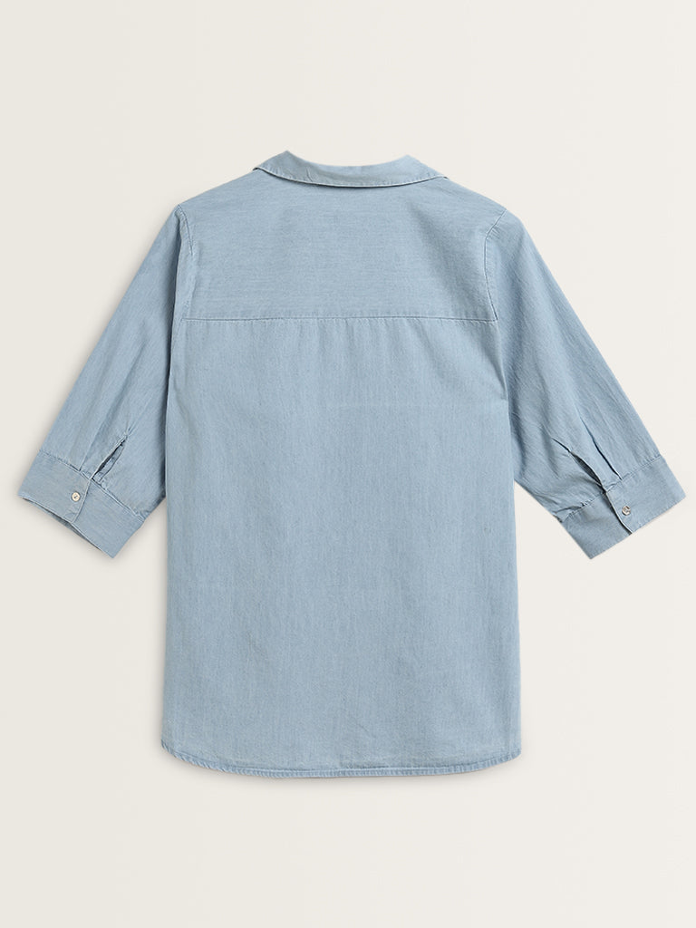 Gia Light Blue Diamante Cotton Shirt