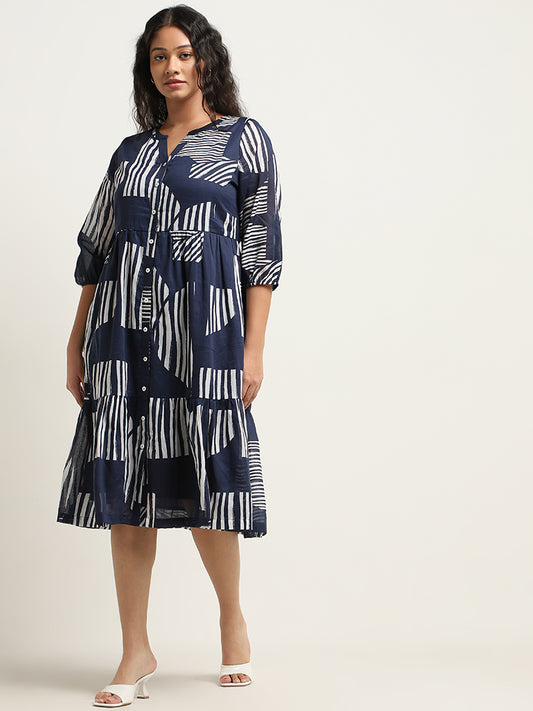 Gia Navy Abstract Design Tiered Cotton Dress