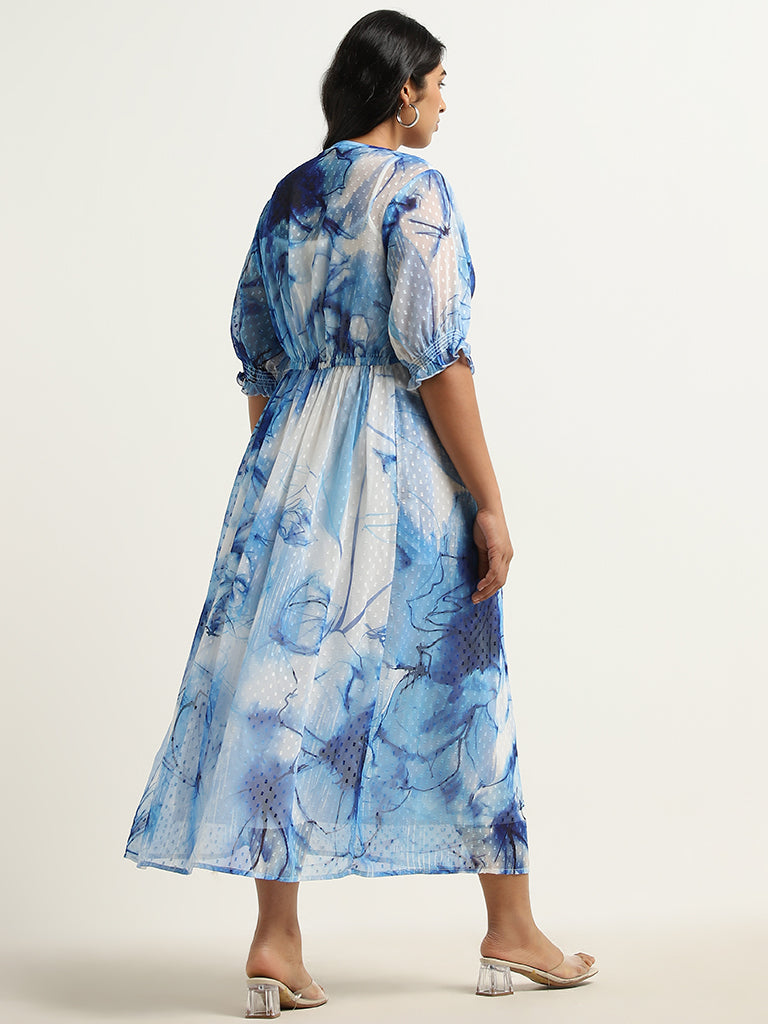 Gia Blue Floral Pattern Tufted A-line Dress