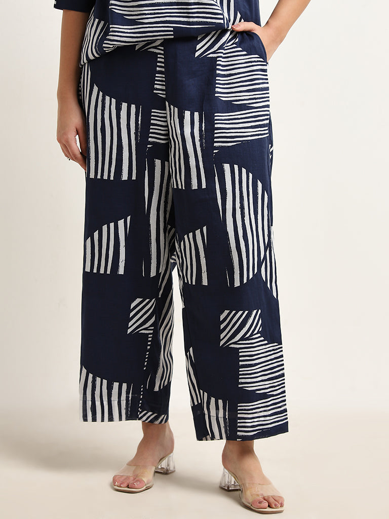 Gia Navy Abstract Design High-Rise Cotton Pants