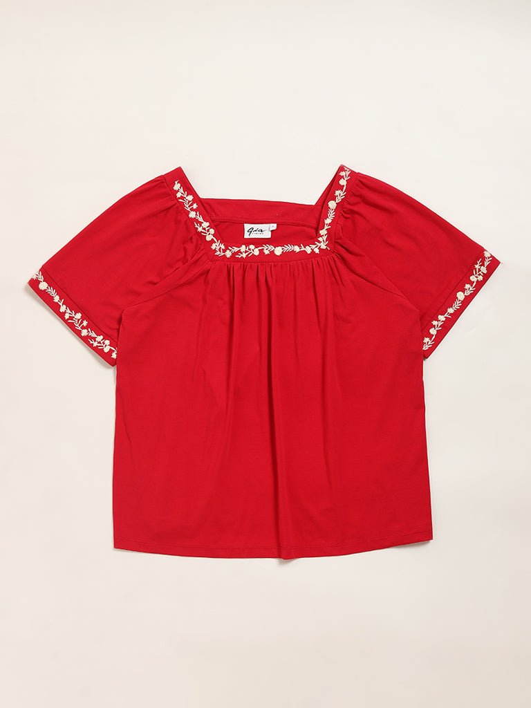 Gia Red Floral Embroidered Blouse