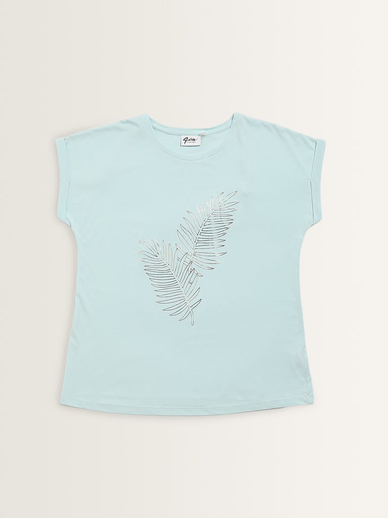 Gia Light Blue Leaf Printed Cotton T-Shirt