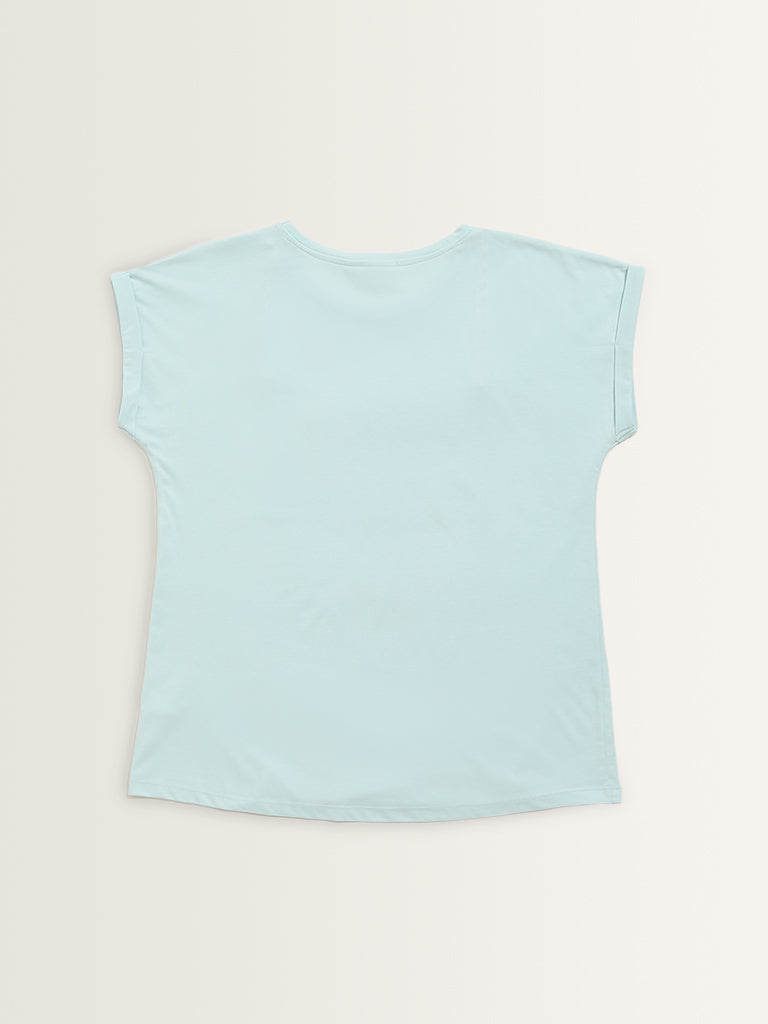 Gia Light Blue Leaf Printed Cotton T-Shirt