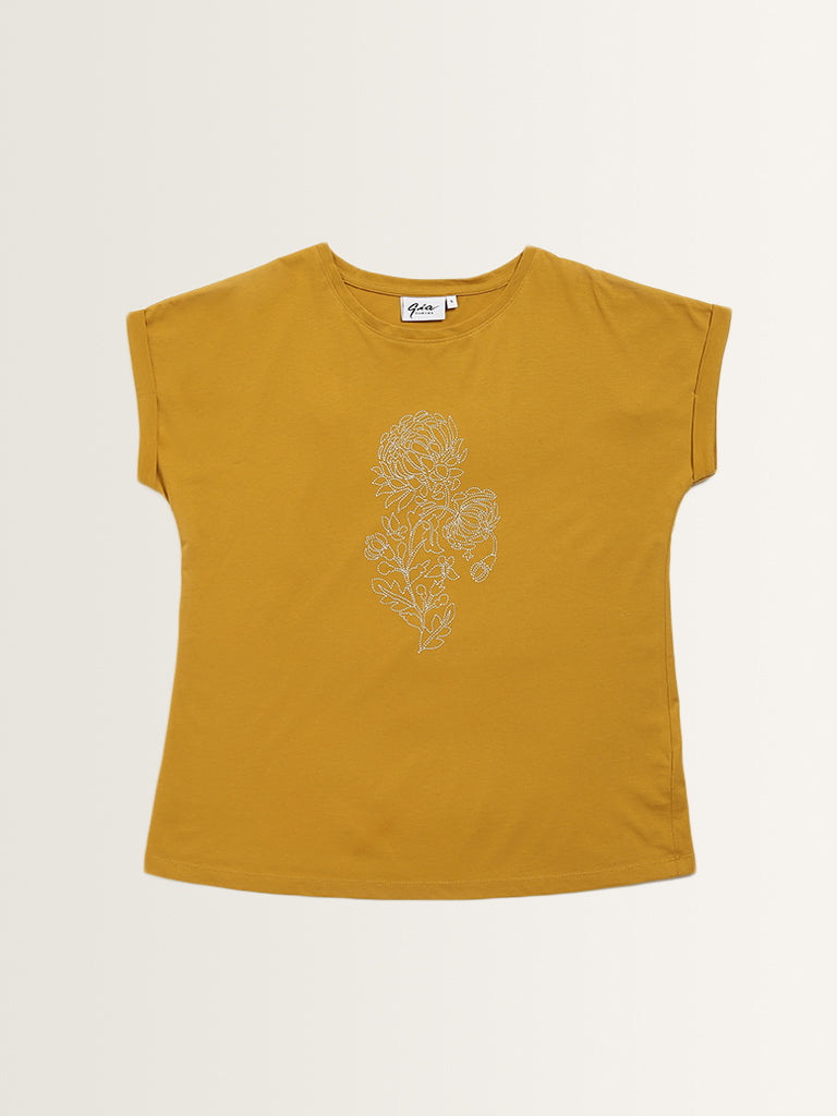 Gia Mustard Floral Printed Cotton T-Shirt