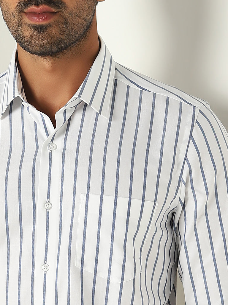 WES Formals White Stripe Printed Slim-Fit Cotton Shirt