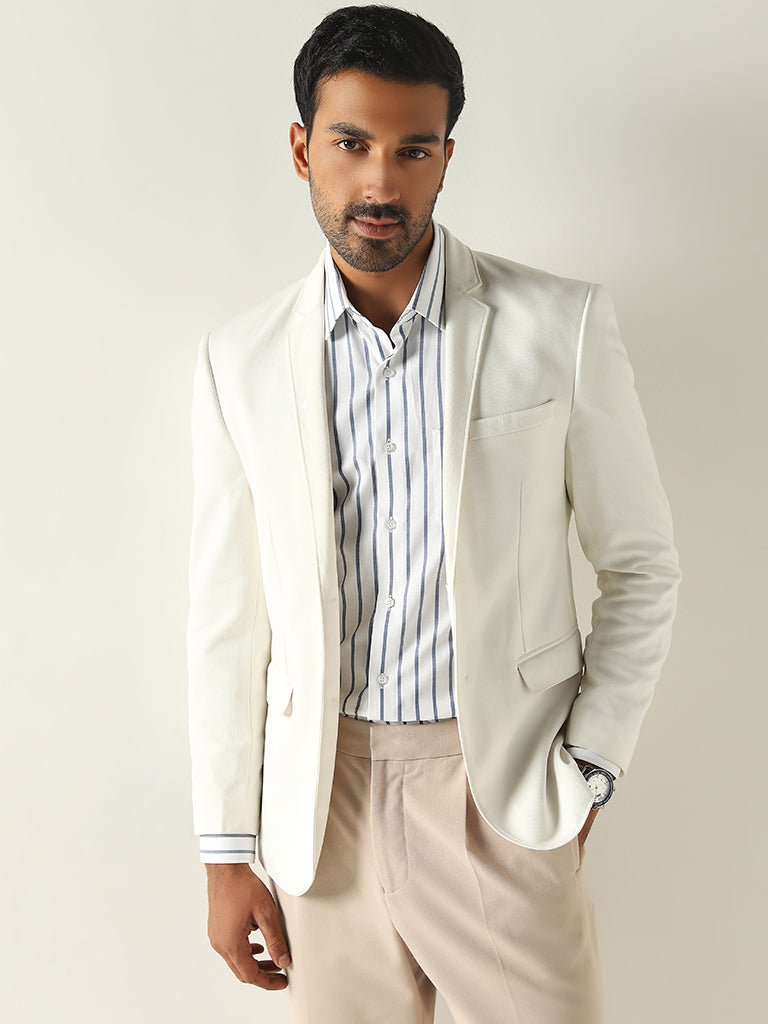 WES Formals White Stripe Printed Slim-Fit Cotton Shirt