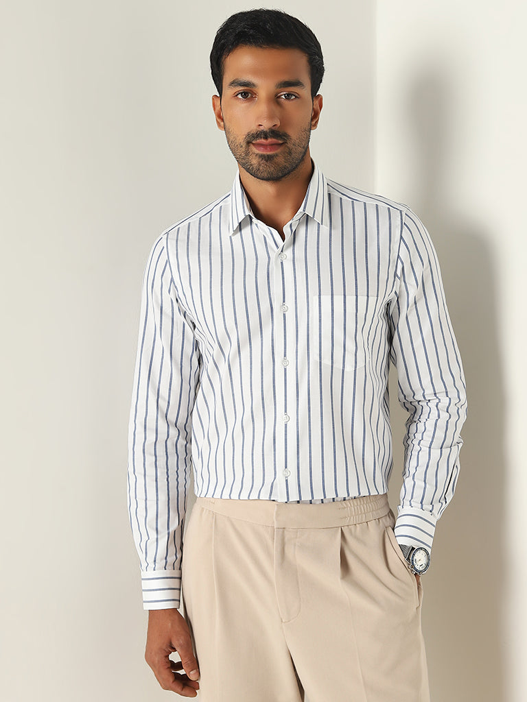 WES Formals White Stripe Printed Slim-Fit Cotton Shirt