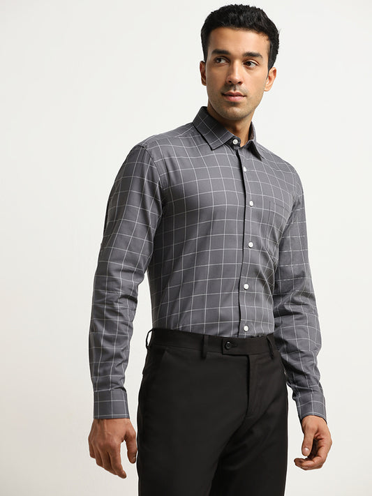 WES Formals Charcoal Checkered Relaxed-Fit Cotton Shirt