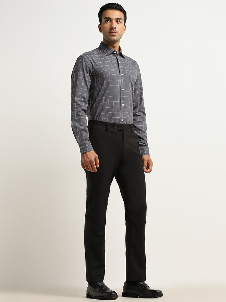 WES Formals Charcoal Checkered Relaxed-Fit Cotton Shirt