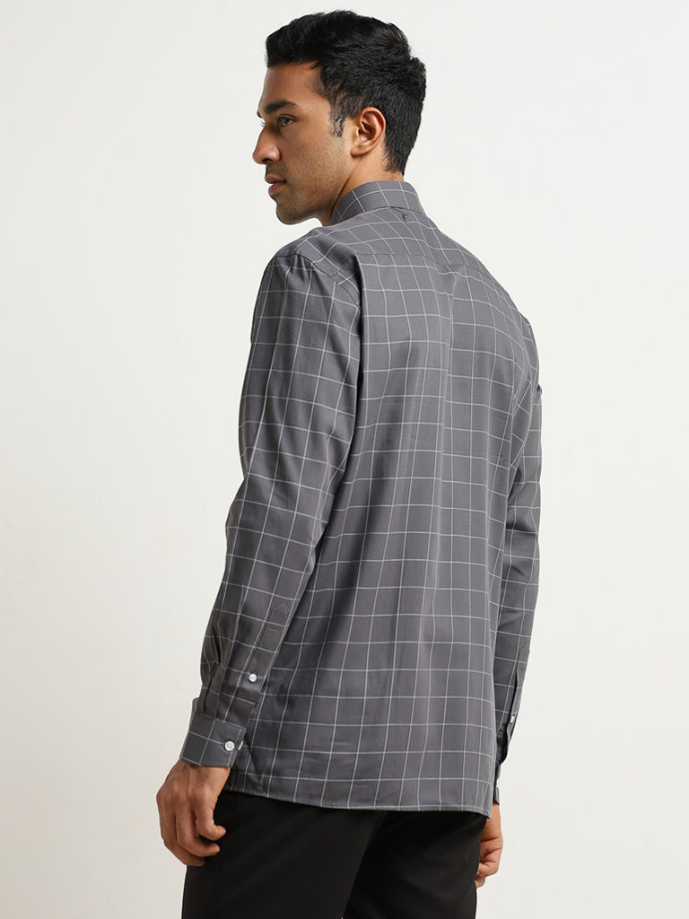 WES Formals Charcoal Checkered Relaxed-Fit Cotton Shirt