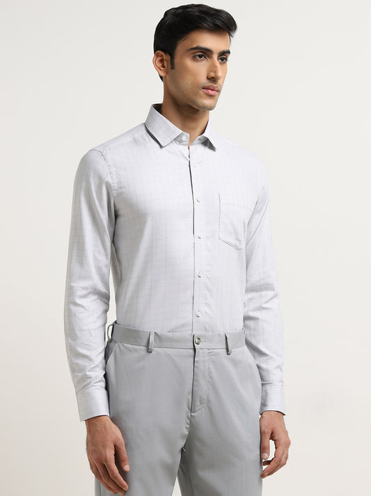 WES Formals Light Grey Checkered Slim-Fit Cotton Shirt