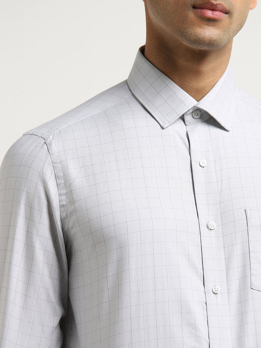WES Formals Light Grey Checkered Slim-Fit Cotton Shirt