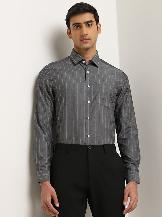 WES Formals Charcoal Pinstriped Slim-Fit Cotton Shirt