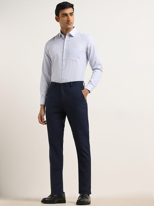 WES Formals Dark Blue Checked Carrot-Fit Mid-Rise Trousers