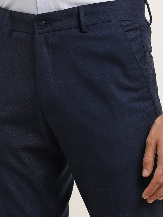 WES Formals Dark Blue Checked Carrot-Fit Mid-Rise Trousers