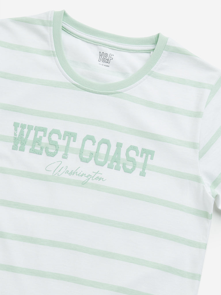 Y&F Kids Green Striped Cotton T-Shirt