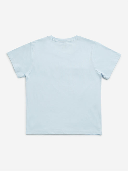 Y&F Kids Light Blue Text Embossed Cotton T-Shirt