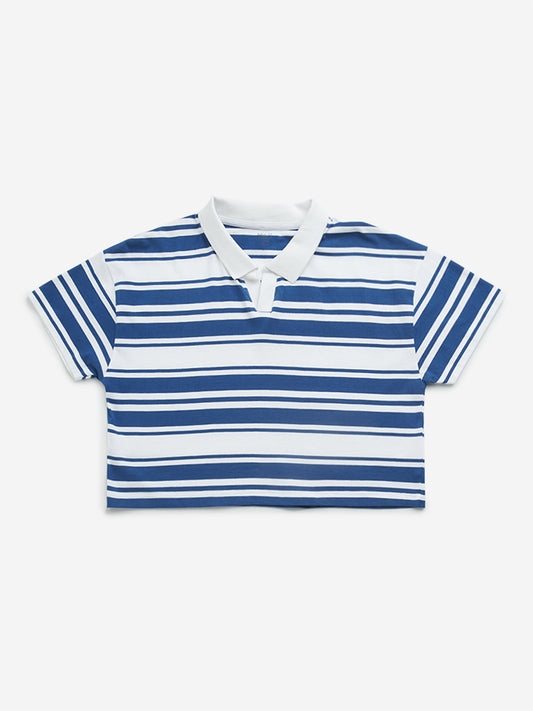 Y&F Kids Dark Blue Striped Cotton Crop T-Shirt