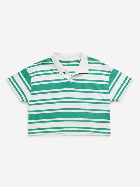 Y&F Kids Green Striped Cotton Crop T-Shirt