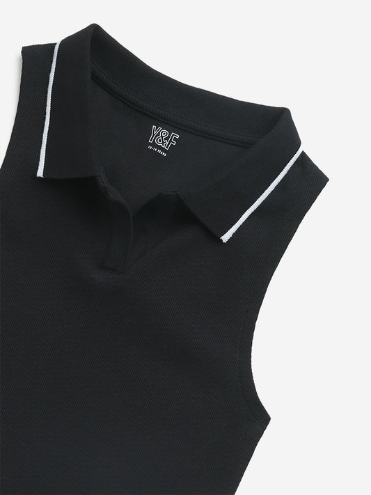 Y&F Kids Black Ribbed Textured Cotton T-Shirt