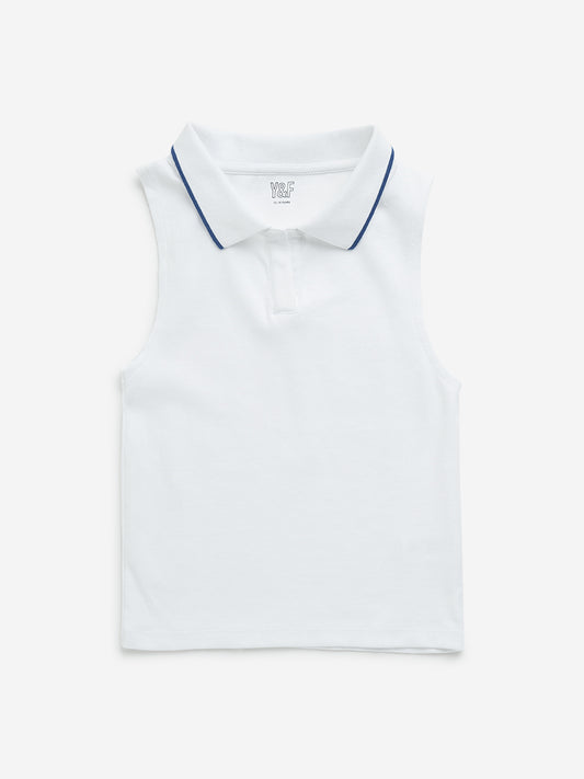 Y&F Kids White Ribbed Textured Cotton T-Shirt