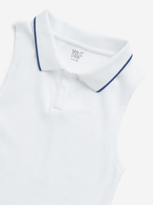 Y&F Kids White Ribbed Textured Cotton T-Shirt