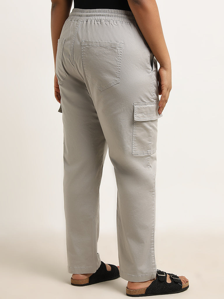 Gia Grey Solid High-Rise Solid Cotton Blend Trousers