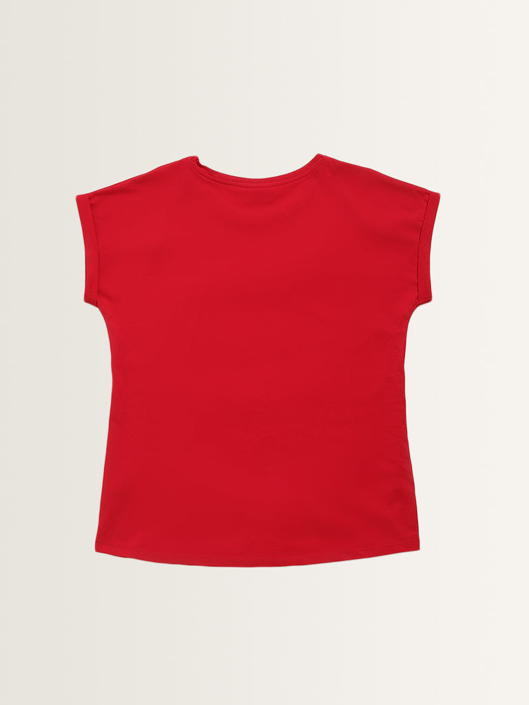 Gia Red Text Printed Cotton T-Shirt