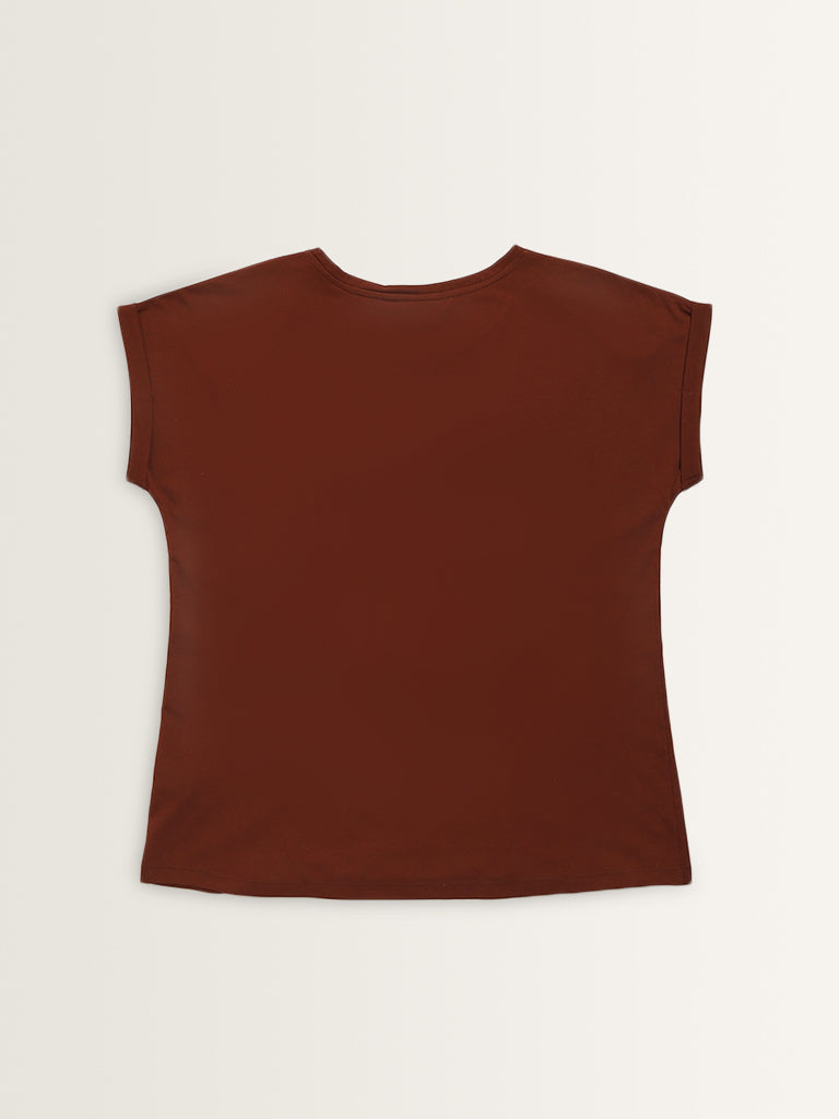 Gia Brown Text Printed Cotton T-Shirt