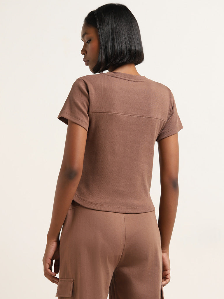 Studiofit Brown Cut-Out Detailed Ribbed Cotton T-Shirt