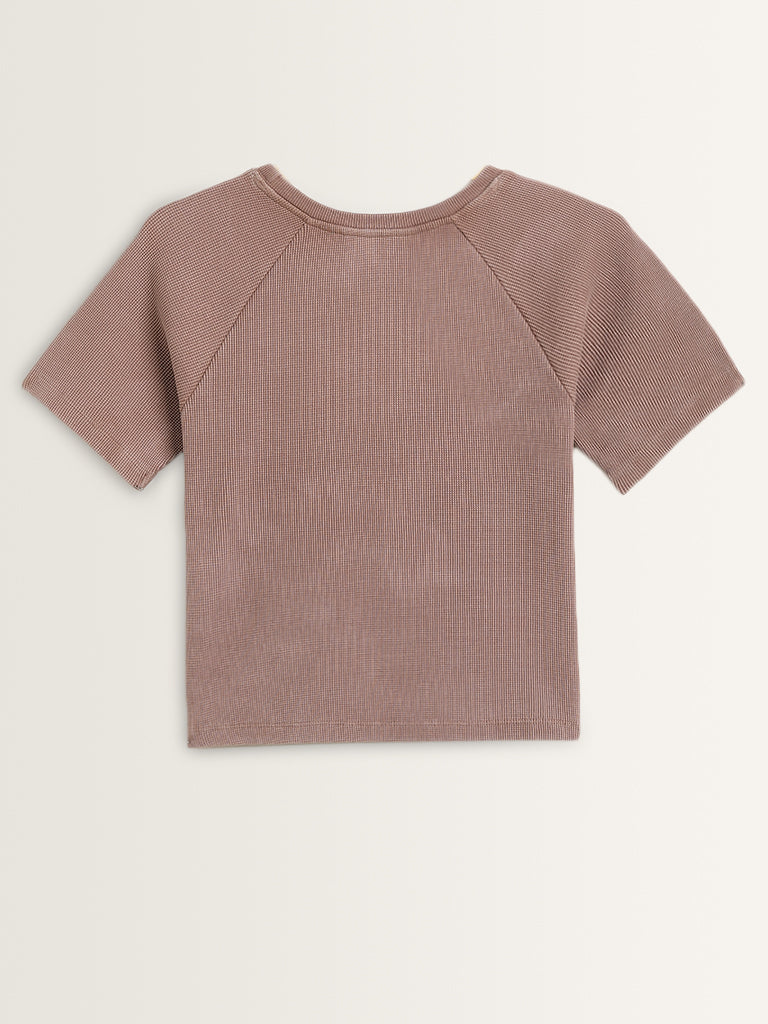 Studiofit Brown Waffle-Textured Cotton T-Shirt