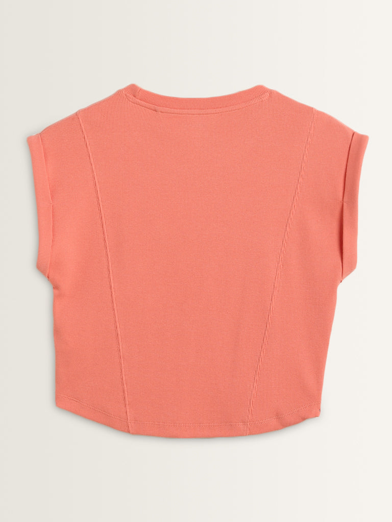 Studiofit Coral Ribbed Textured Cotton T-Shirt
