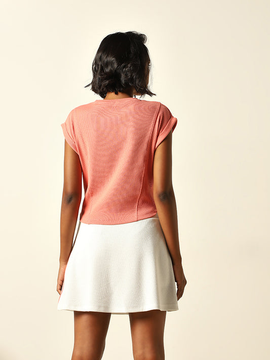 Studiofit Coral Ribbed Textured Cotton T-Shirt