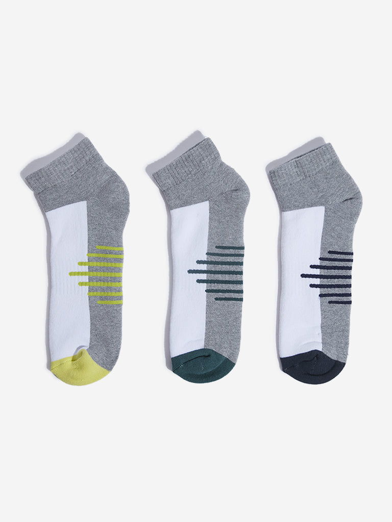 WES Lounge Grey Stripe Printed Cotton Blend Socks - Pack of 3