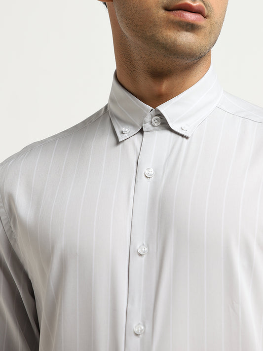 WES Formals Off-White Striped Slim-Fit Cotton Shirt