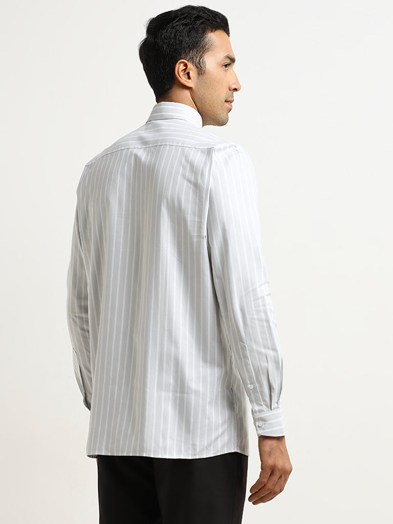 WES Formals Light Grey Striped Relaxed-Fit Cotton Shirt