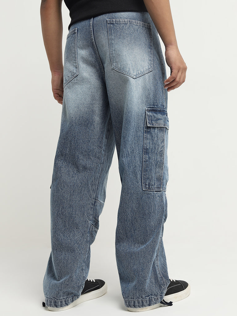 Nuon Blue Faded Cargo-Style Relaxed - Fit Mid - Rise Jeans