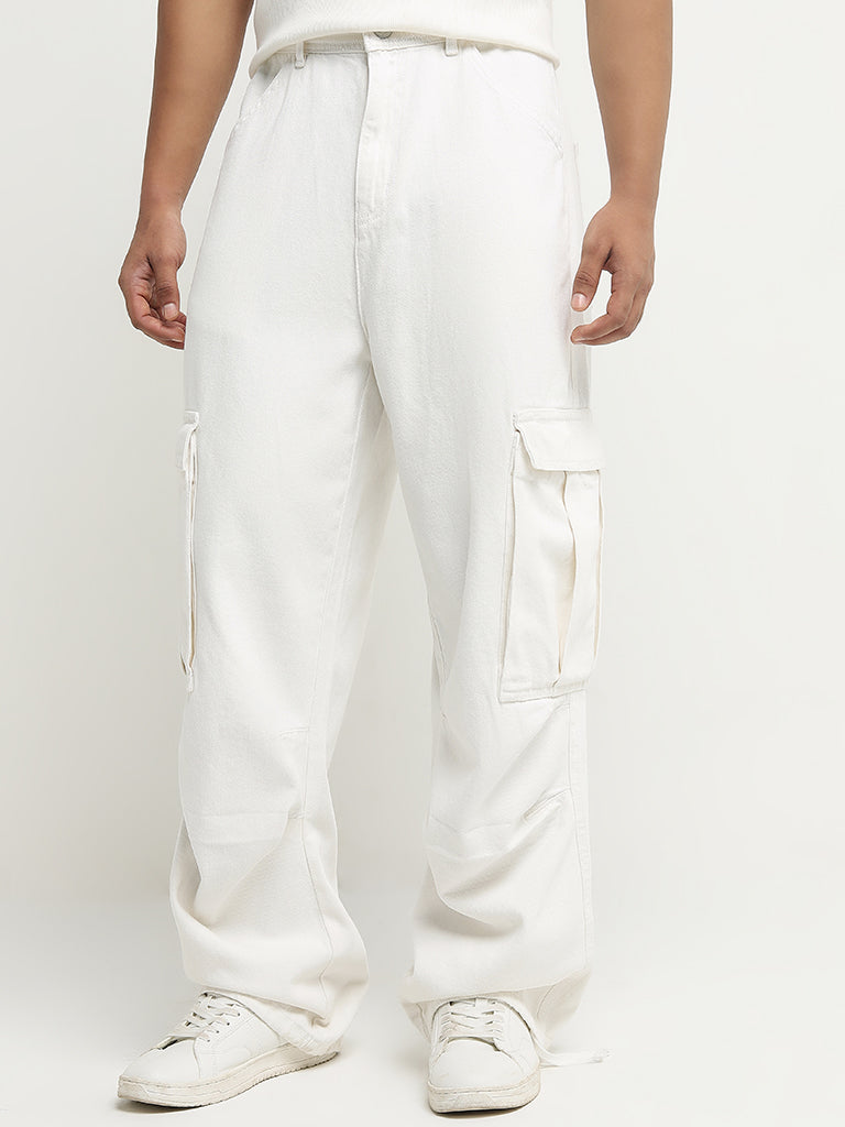 Nuon White Cargo-Style Relaxed - Fit Mid - Rise Jeans