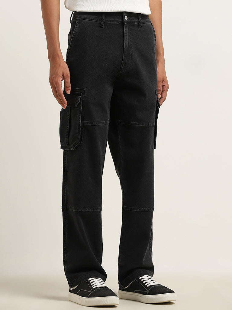 Buy Nuon Black Cargo-Style Relaxed-Fit Mid-Rise Cotton Blend Chinos ...