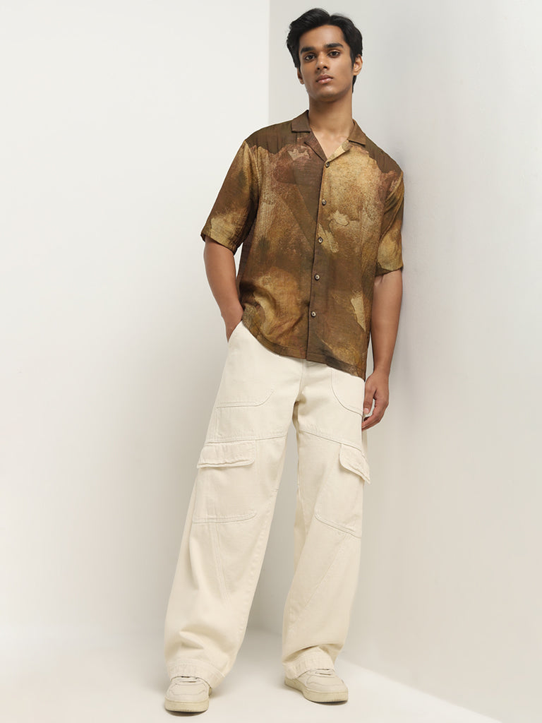 Nuon Brown Abstract Design Relaxed-Fit Shirt