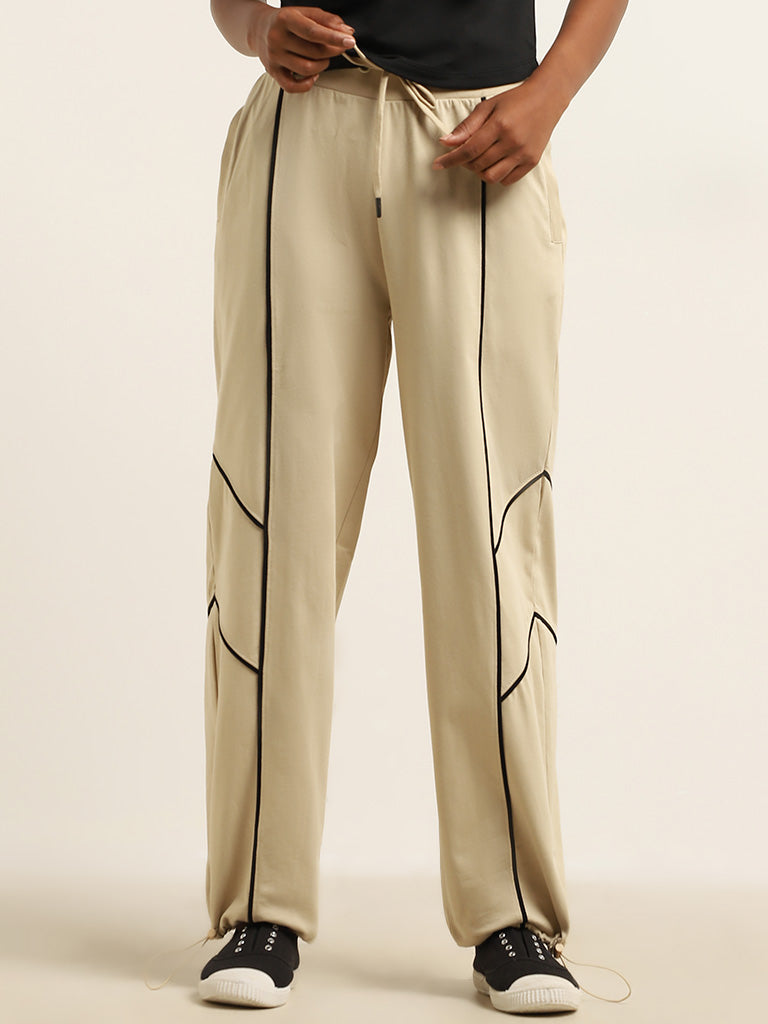 Studiofit Beige Textured Contrast-Detailed Mid-Rise Cotton Track Pants