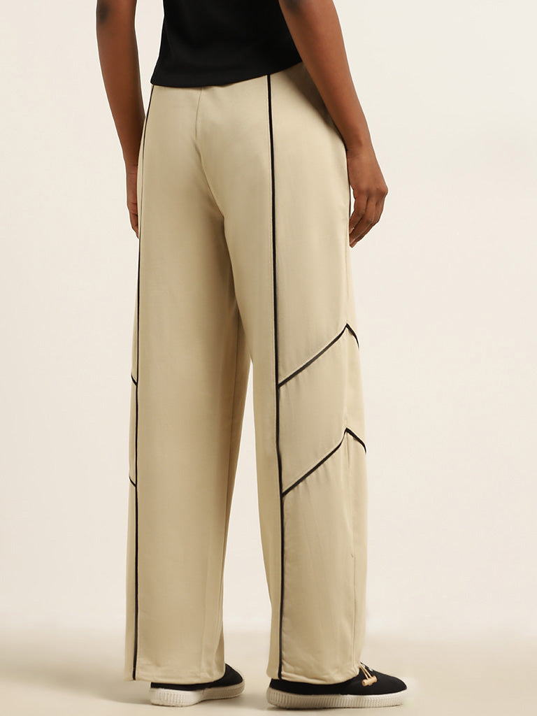 Studiofit Beige Textured Contrast-Detailed Mid-Rise Cotton Track Pants